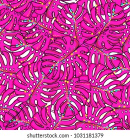 Bright and colorful hand drawn hawaiian tropical palm leaves with neon colors design seamless pattern vector