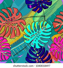 Bright and colorful hand drawn hawaiian tropical palm and banana leaves design seamless pattern vector