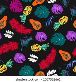 Bright and colorful hand drawn hawaiian tropical leaves design with pineapple seamless pattern vector