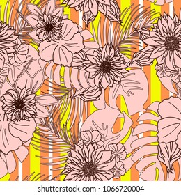 Bright and colorful hand drawn hawaiian tropical leaves design retro style seamless pattern vector