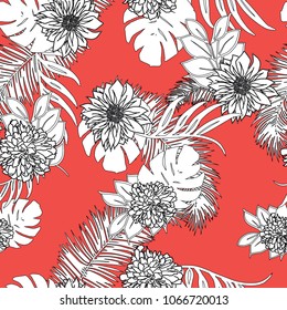 Bright and colorful hand drawn hawaiian tropical leaves design retro style seamless pattern vector