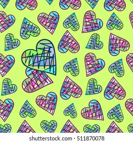 Bright colorful hand drawn hearts, etc. Vector seamless pattern.