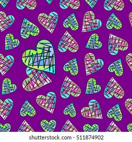 Bright colorful hand drawn hearts, etc. Vector seamless pattern.