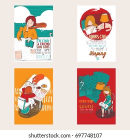 Bright colorful hand drawn posters dedicated to love with books. Girl and cat reading books, creative lettering in vertical composition. Vector illustration.