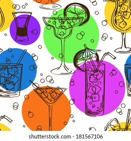 Bright colorful hand drawn seamless pattern of cocktails