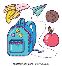 Bright colorful hand drawn set of school backpack, apple, banana and cooky. Isolated on white background