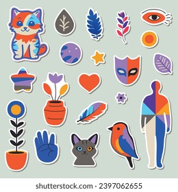 Bright colorful hand drawn sticker set. Cats, bird,hand, heart, plants, objects and other shapes. Psychedelic cartoon style. Vector illustration.