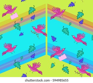Bright colorful hand-drawn seamless pattern with whimsical flying birds and diagonal multicolor lines. Combination of natural free form and geometric shapes. Funny and joyful ornament for clothes.