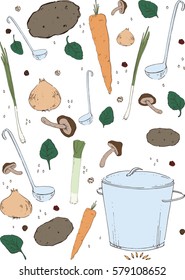 Bright, colorful hand-drawn vector pattern. Assorted vegetables for soup with pan and ladle. Healthy fresh food.