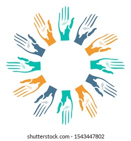 Bright colorful hands with circle frame shape with place for your text. Vector illustration, flat style design