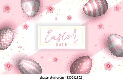 Bright and colorful Happy Easter background with realistic eggs gold confetti and pink sakura flowers and petals. 3d egg with patterns. vector illustration. Eps 10 