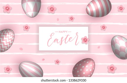 Bright and colorful Happy Easter background with realistic eggs gold confetti and pink sakura flowers and petals. 3d egg with patterns. vector illustration. Eps 10 