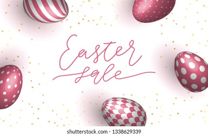 Bright and colorful Happy Easter background with realistic eggs gold confetti and pink sakura flowers and petals. 3d egg with patterns. vector illustration. Eps 10 
