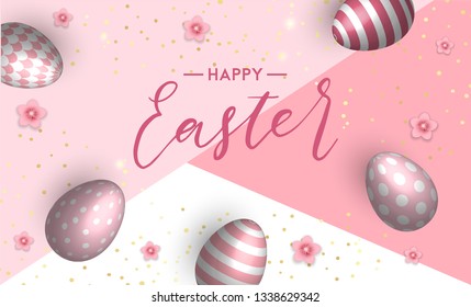 Bright and colorful Happy Easter background with realistic eggs gold confetti and pink sakura flowers and petals. 3d egg with patterns. vector illustration. Eps 10 
