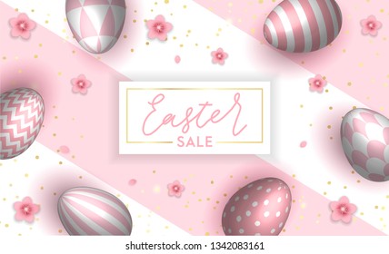 Bright and colorful Happy Easter horizontal background with realistic eggs gold confetti and pink sakura flowers and petals. 3d egg with patterns. vector illustration. Eps 10 