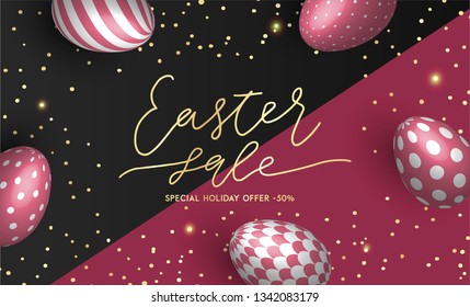 Bright and colorful Happy Easter horizontal background with realistic eggs gold confetti and pink sakura flowers and petals. 3d egg with patterns. vector illustration. Eps 10 
