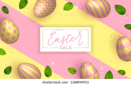 Bright and colorful Happy Easter horizontal background with realistic eggs gold confetti and green spring leaves and petals. 3d egg with patterns. vector illustration. Eps 10 