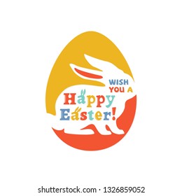 Bright colorful Happy Easter lettering with bunny silhouette and egg for card, invitation, poster, banner template. Vector illustration.