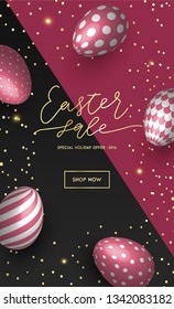 Bright and colorful Happy Easter vertical instagram stories orientation background with realistic eggs gold confetti and pink sakura flowers and petals. 3d egg with patterns. vector illustration.