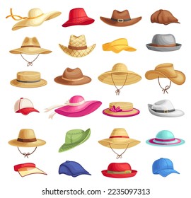 Bright colorful headgear for sunny weather. Female and male hats for vacation. Different stylish accessories for summer period. Sport, casual and elegant headgear isolated vector set