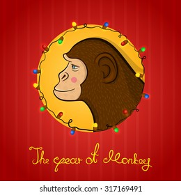 Bright colorful holiday card with a new year with a monkey cartoon character's face in profile in the round frame, Christmas lights and calligraphy inscription congratulation on a red background