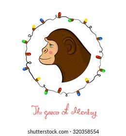 Bright colorful holiday card with a new year with a monkey cartoon character's face in profile in the round frame, Christmas lights and calligraphy inscription congratulation in doodle style