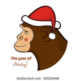 Bright colorful holiday card with a New year, with a monkey in a Santa Claus cap, cartoon character's face in profile and calligraphy inscription congratulation, vector illustration in doodle style