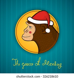 Bright colorful holiday card with a New year, with a monkey in a Santa Claus cap, cartoon character's face in profile in the round frame and calligraphy inscription congratulation, vector illustration