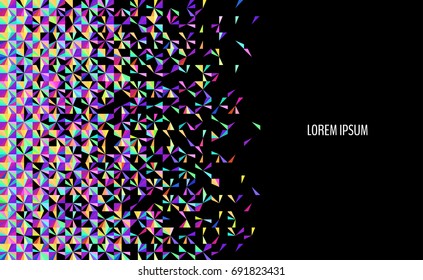 Bright and colorful holographic texture with dispersing particles. Vector hologram abstract background.