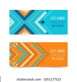 Bright colorful horizontal banner design template set with tribal aztec style ornament. Ethnic background collection. EPS 10 vector website header concept illustration. Clipping mask.