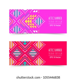 Bright colorful horizontal banner design template set with tribal aztec style ornament. Ethnic background collection. EPS 10 vector website header concept illustration. Clipping mask.