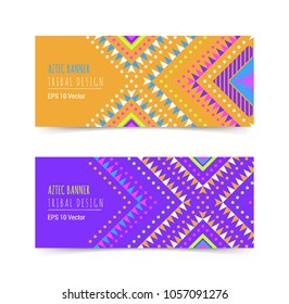 Bright colorful horizontal banner design template set with tribal aztec style ornament. Ethnic background collection. EPS 10 vector website header concept illustration. Clipping mask.