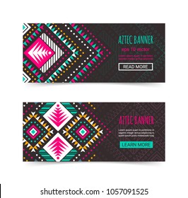 Bright colorful horizontal banner design template set with tribal aztec style ornament. Ethnic background collection. EPS 10 vector website header concept illustration. Clipping mask.