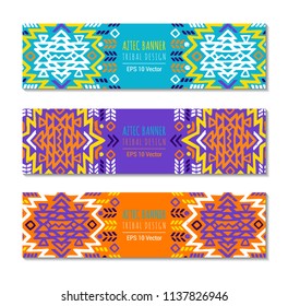 Bright colorful horizontal banner design template set with tribal aztec style ornament. Ethnic background collection. EPS 10 vector website header concept illustration. Clipping mask.