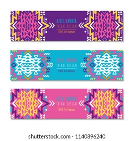 Bright colorful horizontal banner design template set with tribal aztec style ornament. Ethnic background collection. EPS 10 vector website header concept illustration. Clipping mask.