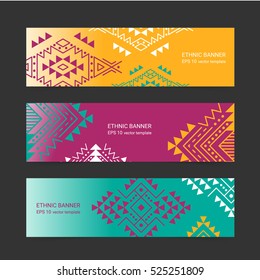 Bright colorful horizontal banner design temlpate set with tribal aztec style ornament. Ethnic background collection. EPS 10 vector website header concept illustration. Clipping masks.