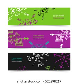 Bright colorful horizontal banner design temlpate set with tribal aztec style ornament. Ethnic background collection. EPS 10 vector website header concept illustration. Clipping masks.