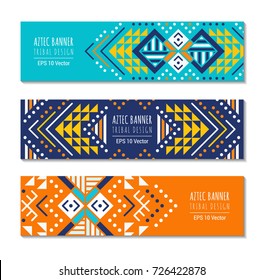 Bright colorful horizontal banner design temlpate set with tribal aztec style ornament. Ethnic background collection. EPS 10 vector website header concept illustration. clipping mask.