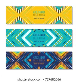 Bright colorful horizontal banner design template set with tribal aztec style ornament. Ethnic background collection. EPS 10 vector website header concept illustration. Clipping mask.