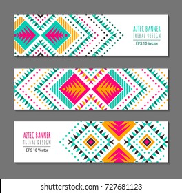 Bright colorful horizontal banner design template set with tribal aztec style ornament. Ethnic background collection. EPS 10 vector website header concept illustration. Clipping mask.