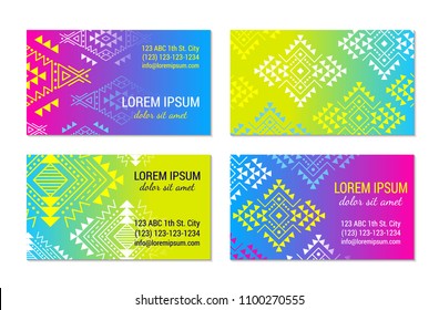 Bright colorful horizontal gradient banner visiting card design temlpate set with tribal aztec style ornament. Ethnic background collection. EPS 10 vector concept illustration. Clipping masks.