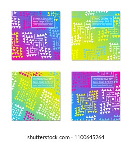 Bright colorful horizontal gradient banner visiting card design temlpate set with tribal aztec style ornament. Ethnic background collection. EPS 10 vector concept illustration. Clipping masks.