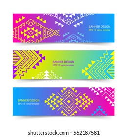 Bright colorful horizontal gradient banner design temlpate set with tribal aztec style ornament. Ethnic background collection. EPS 10 vector website header concept illustration. Clipping masks.