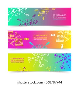 Bright colorful horizontal gradient banner design temlpate set with tribal aztec style ornament. Ethnic background collection. EPS 10 vector website header concept illustration. Clipping masks.