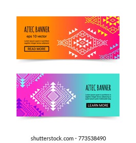 Bright colorful horizontal gradient banner design temlpate set with tribal aztec style ornament. Ethnic background collection. EPS 10 vector website header concept illustration. Clipping masks.