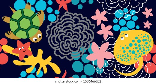 Bright colorful horizontal pattern with sea creatures and marine life. Cartoon style simple and funny characters. Banner and web decoration, background and wallpaper design. Sea turtle, stingray, sea 