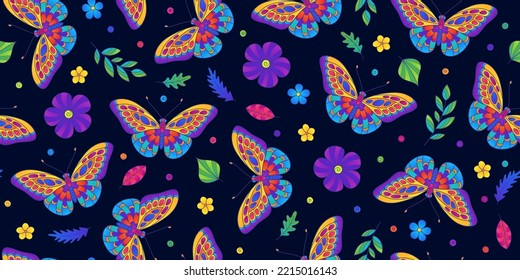 Bright Colorful Horizontal Seamless Pattern of Butterflies, Flowers and Leaves on Dark Backdrop. Continuous Floral Background for for Universal Application.