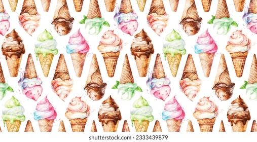 Helados de colores vivos.  Dulces de verano. Patrón vectorial transparente de acuarela sobre un fondo blanco.