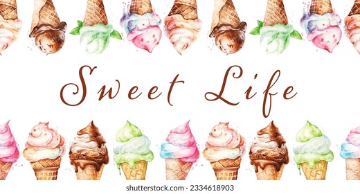 Bright colorful ice cream cones.  Summer sweets. Watercolor seamless vector pattern on a white background. Frame for text.