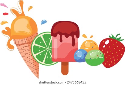 Bright colorful ice cream cones popsicle lime strawberry. Summer treats vector illustration isolated white background. Delicious dessert juicy lime ice cone strawberry